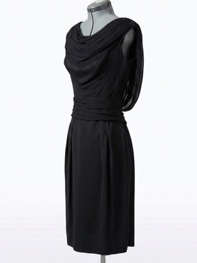 Frank Starr VTG 50s chiffon cocktail dress,draped back, cummerbund waist, S, GUC